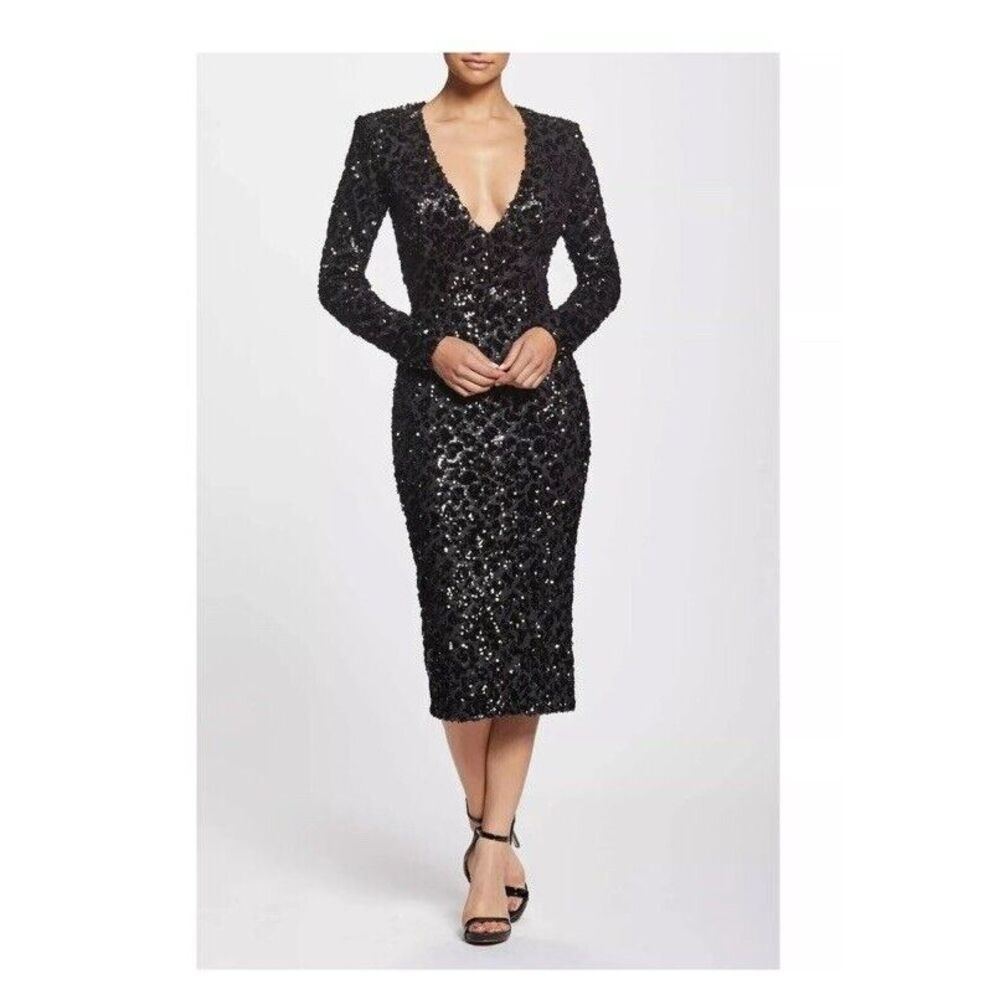 DRESS the POPULATION STUNNING Black Sequin ELIZABETH BodyCON‎ Midi XS EUC